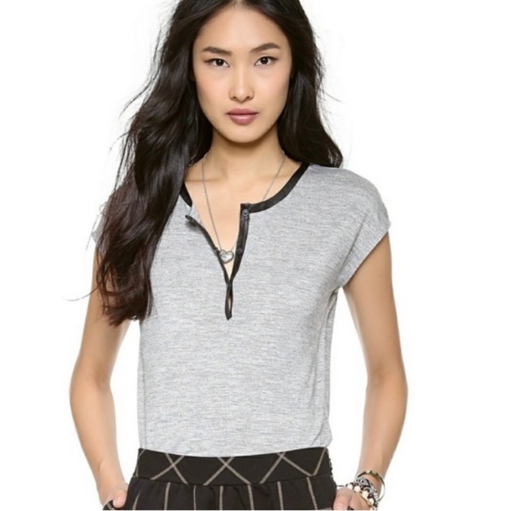 NWT Madewell Popover Placket With Leather Trim Cap Sleeves Henley Tee